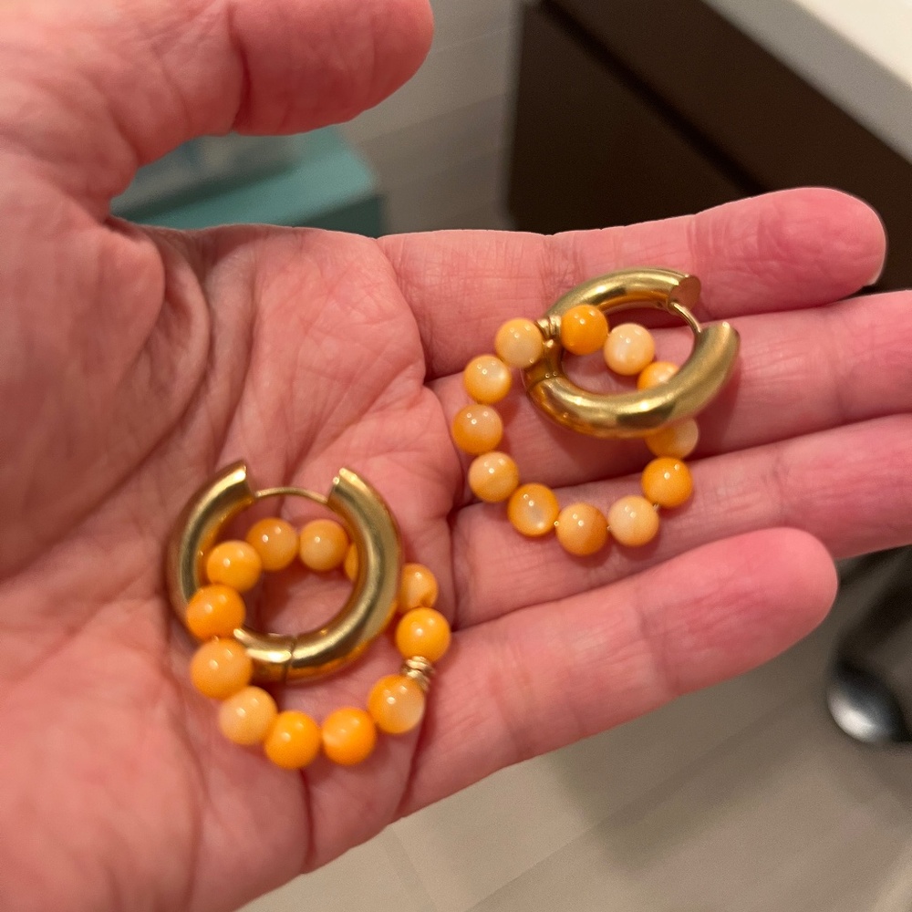 Chunky Gold Hoops with Orange Mother of Pearl Hoop Charms